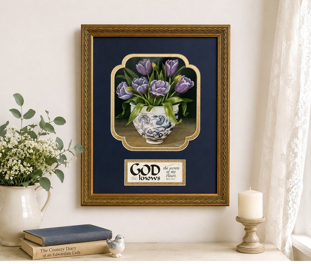 🌷🪻🖼️Christian Framed Picture Purple Tulips Scripture Wall Art Psalm 44 Decor